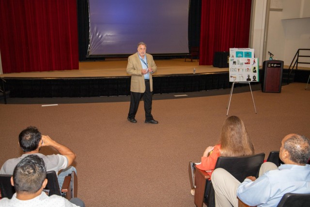  C5ISR Innovation Course facilitator Adam Bogner speaks to the students during graduation day at Aberdeen Proving Ground, Maryland, on July 19, 2023. 