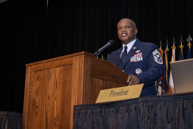Senior Enlisted Advisor Tony L. Whitehead, the National Guard&#39;s top enlisted leader, addresses the second business session of the 52nd Annual Conference of the Enlisted Association of the National Guard of the United States at the Mayo Civic Center, Rochester, Minnesota, Aug 14, 2023.(Minnesota National Guard photo by Staff Sgt. Mahsima Alkamooneh)