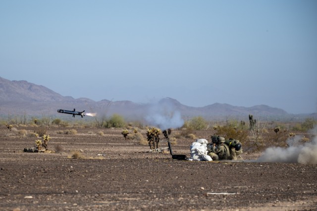 A Javelin missile takes flight as infantryman with 2nd Battalion, 7th Cavalry Regiment (Ghost), 3rd Brigade (Grey Wolf), 1st Cavalry Division, fire it downrange using the Lightweight Command Launch Unit while operationally testing at Yuma Proving Ground, Arizona. The Javelin is a shoulder-fired missile that can give more battlefield lethality to Infantry troops on the modern battlefield.