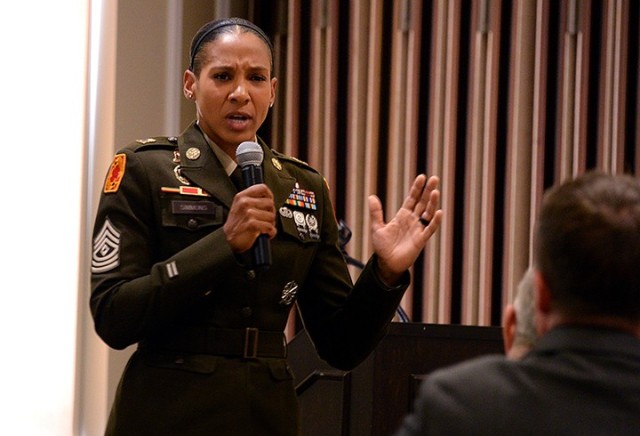 Guest speaker 1st Sgt. Janina Simmons, 108th Air Defense Artillery Brigade, Fort Liberty, N.C., delivers remarks at the Women’s Equality Day observance Aug. 21 at the Frontier Conference Center. Photo by Prudence Siebert/Fort Leavenworth Lamp