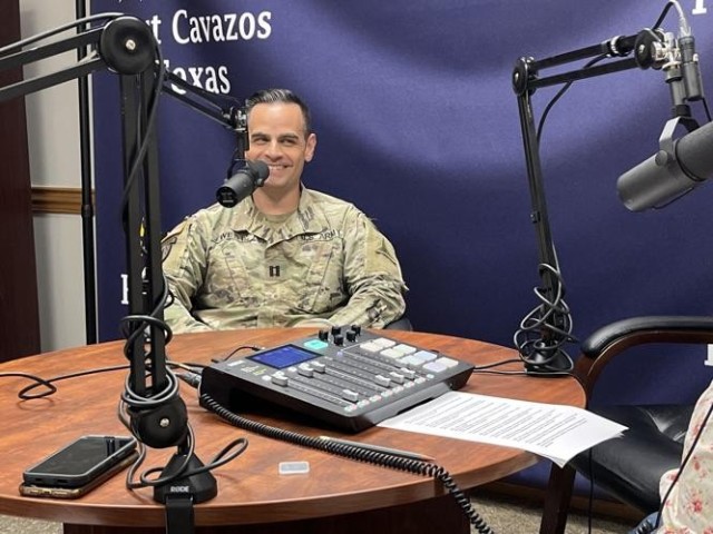Capt. Adam West, installation voting assistance officer, speaks with the hosts of the Great Big Podcast Aug. 15. He spoke about FVAP and the resources the program offers. (U.S. Army photo by Blair Dupre, Fort Cavazos Public Affairs)