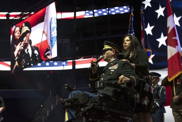 Wounded Warrior Luis Avila sings the national anthem at the opening ceremony of the Department of Defense Warrior Games, Tampa, Florida, June 22, 2019. (DoD photo by Lisa Ferdinando)