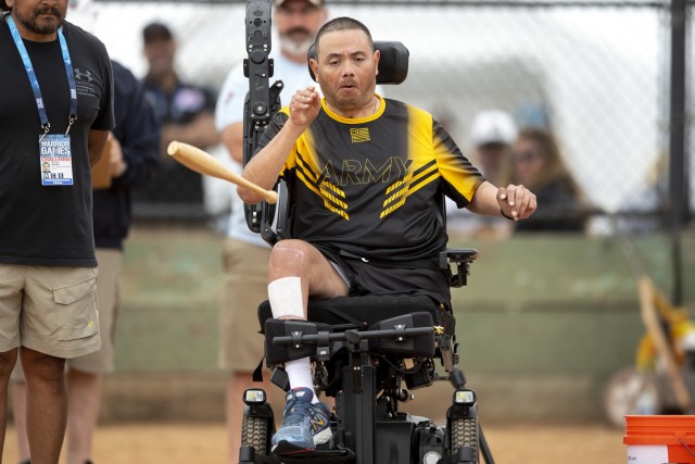 Army Capt. Luis Avila competes in seated club throwing during the 2023 DoD Warrior Games at Naval Base Coronado in San Diego, Calif. June 5, 2023.
