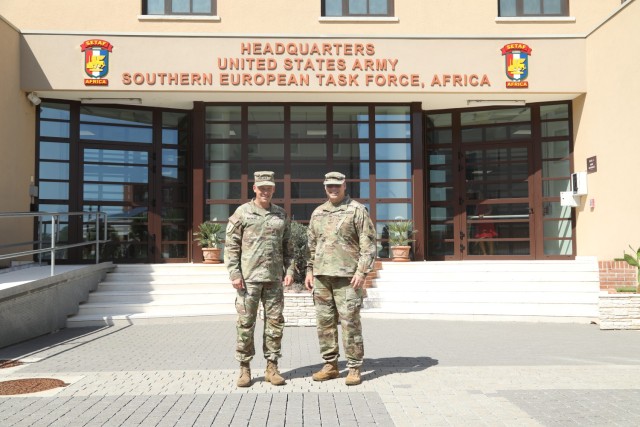 U.S. Army Southern European Task Force, Africa (SETAF-AF) Maj. Gen. Todd R. Wasmund, commanding general of SETAF-AF, meets with U.S. Army National Guard Brig. Gen. John LeBlanc, SETAF-AF’s new deputy commanding general, on Caserma Del Din,...
