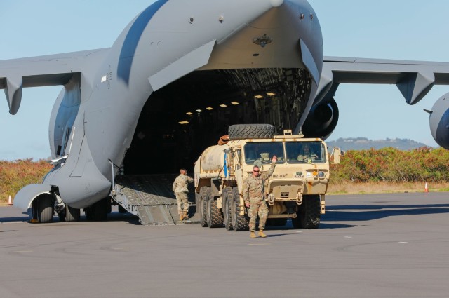 Additional personnel and equipment from the U.S. Army arrive for the Joint Task Force 50 at Kahului Airport, providing equipment and refueling operations to aid in the wildfire recovery efforts in and around Lahaina, Maui, Aug. 19, 2023.