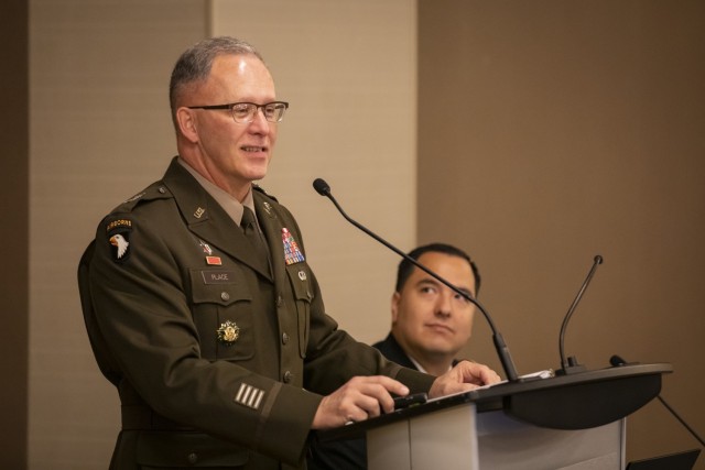 Maj. Gen. Michael Place, MEDCOM Chief of Staff and Deputy Commanding General (Support) speaks at the Army Service Day session at the Defense Health Information Technology Symposium Aug. 7 in New Orleans, Louisiana.  