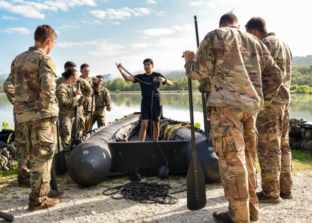Staff Sgt. Ariana Sanchez instructs Sapper Leader Course students during a boat-rigging event in 2022, at Training Area 250. Now an ROTC cadet attending Columbia College, in Columbia, Missouri, as part of the Green-to-Gold commissioning program, Sanchez made the two-hour drive from Columbia to speak at Fort Leonard Wood’s Women’s Equality Day event Friday at Baker Theater. 