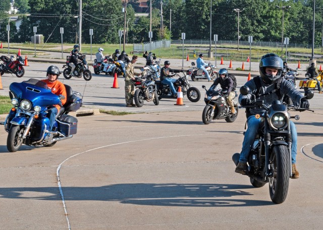 Fifty-three motorcycle riders take-off on Friday from the Main Post Chapel’s parking lot for the hour-long Thunder in the Fort safety motorcycle ride.
