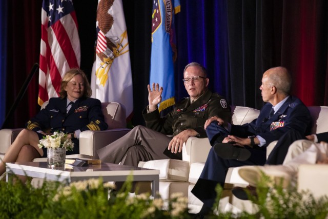 Maj. Gen. Michael Place, MEDCOM Chief of Staff and Deputy Commanding General (Support), participates in a joint-leadership roundtable discussion at the Defense Health Information Technology Symposium Aug. 8 in New Orleans, Louisiana.  