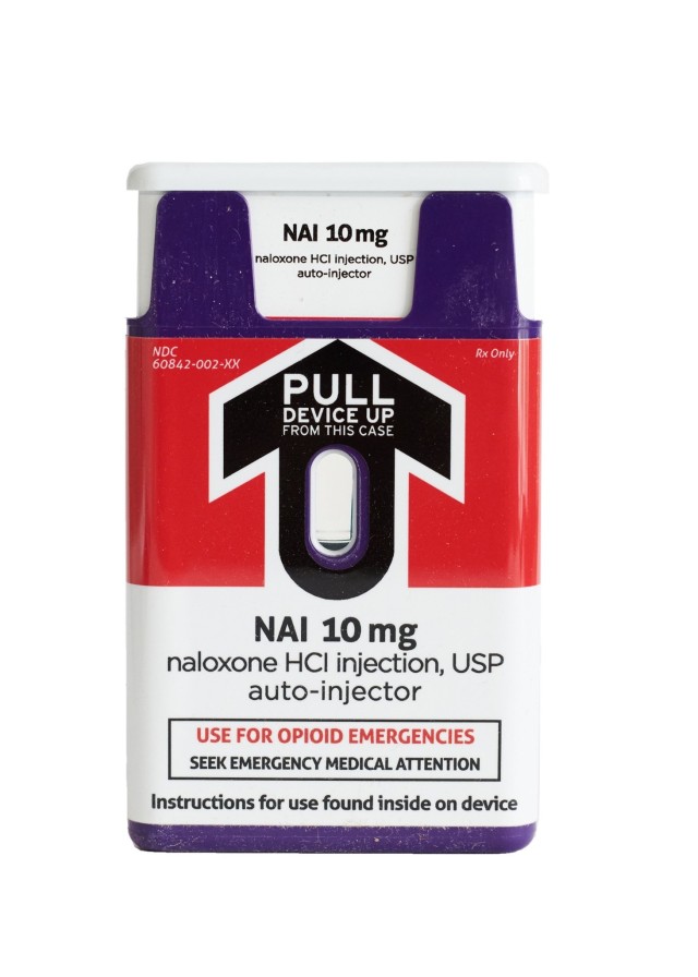 A close up of the naloxone 10mg autoinjector device