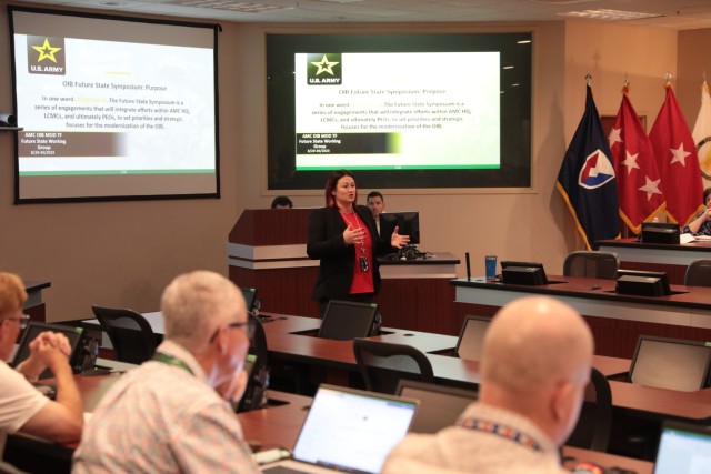 Stephanie Hoaglin, the Modernization Task Force acting director, set the stage at the the Organic Industrial Base Future State Symposium, Aug. 29 at Redstone Arsenal, Alabama.