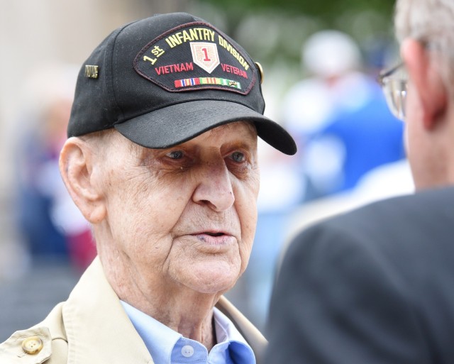 Medal of Honor nominee Larry Taylor talks to well-wishers after the Memorial Day program at the Chattanooga National Cemetery on Monday, May 29, 2023. 