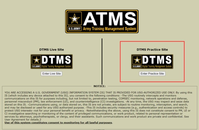 The DTMS landing page allows users to enter either the DTMS Live Site or the DTMS Practice Site.