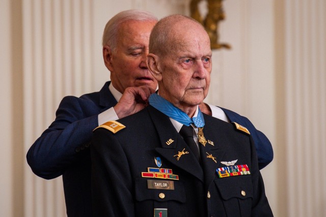 President Joseph R. Biden Jr. presents the Medal of Honor to former U.S. Army Capt. Larry L. Taylor during a ceremony at the White House in Washington, D.C., Sept. 5, 2023. Taylor was awarded the Medal of Honor for his acts of gallantry and intrepidity above and beyond the call of duty while serving then- as 1st Lt. Taylor, a team leader assigned to Troop D (Air), 1st Squadron, 4th Cavalry, 1st Infantry Division, near the hamlet of Ap Go Cong, Republic of Vietnam, June 18, 1968.
