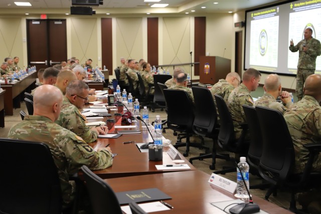 Commanders and senior non-commissioned officers listen Sept. 7 as Gen. Andrew Poppas, the U.S. Army Forces Command commanding general, discusses priorities to “Win the Future Fight” and “Win as a Balanced Total Army” as part of the command’s “Four Wins.”