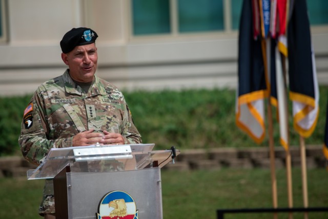 Gen. Andrew P. Poppas, the commanding general of the U.S. Army Forces Command, gives remarks during a change of responsibility ceremony for Command Sgt. Maj. Todd W. Sims and Command Sgt. Maj. T.J. Holland at the FORSCOM headquarters on Fort Liberty, N.C., September 8, 2023. The change of responsibility ceremony showcases the unified organization that is the United States Army.