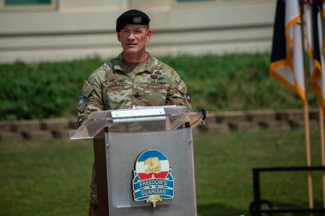 Command Sgt. Maj. T.J. Holland, the incoming command sergeant major of the U.S. Army Forces Command gives remarks at a change of responsibility ceremony at the FORSCOM headquarters on Fort Liberty, N.C., September 8, 2023. This time-honored military tradition commemorates the seamless transition of unit responsibility and leadership from one senior enlisted advisor to another.