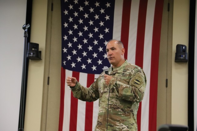 U.S. Army Forces Command Commanding General Gen. Andrew Poppas speaks Sept. 7 at the FORSCOM Senior Leader Orientation about the command’s priorities focusing on people, readiness, modernization and the today’s realities of warfighting.