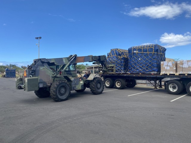 Soldiers assigned to the 871st Engineer Vertical Construction Company drives a Skytrak Fork lift to off load supplies, Aug. 2023. Stationed at the Kaoru Moto U.S. Army Reserve Center, located in Wailuku, Maui Soldiers from various units within...