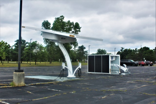 Solar-powered car electric car chargers at Fort McCoy