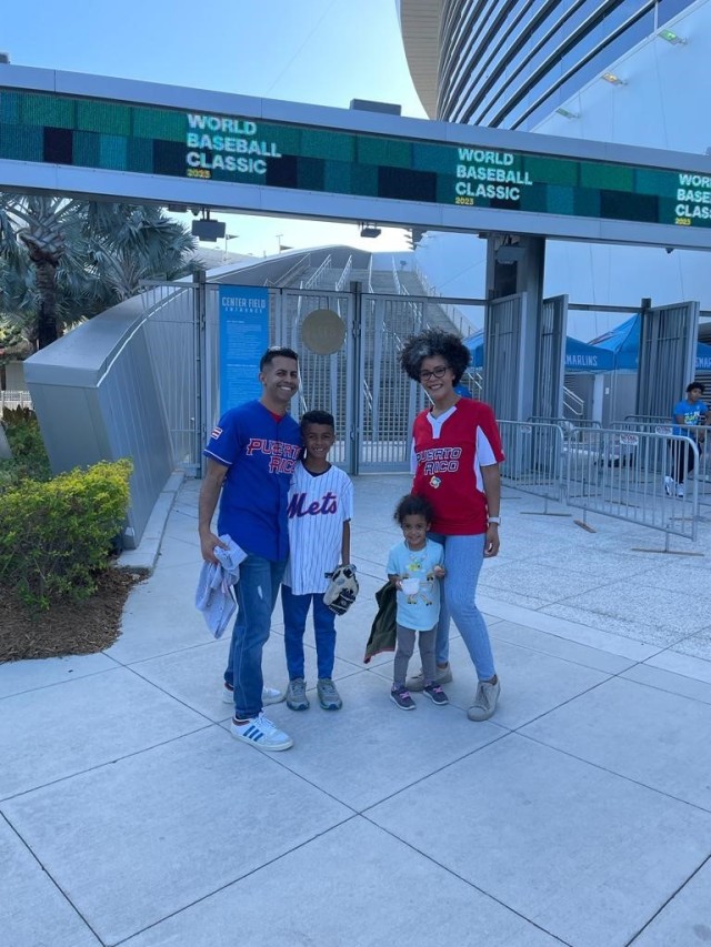 Waldemar Ramírez III with his wife Alba, and children Ethan, 8, and Emma, 4, attending the 2023 World Baseball Classic