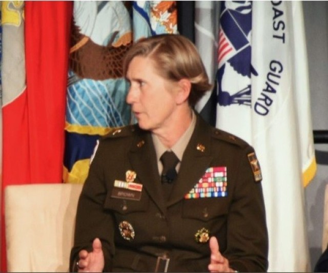 Brig. Gen. Jacqueline (Denise) Brown, director of Networks and Command, Control, Communications and Computer (C4) Services and Integration for the G-6 speaks during a panel discussion at TechNet Augusta