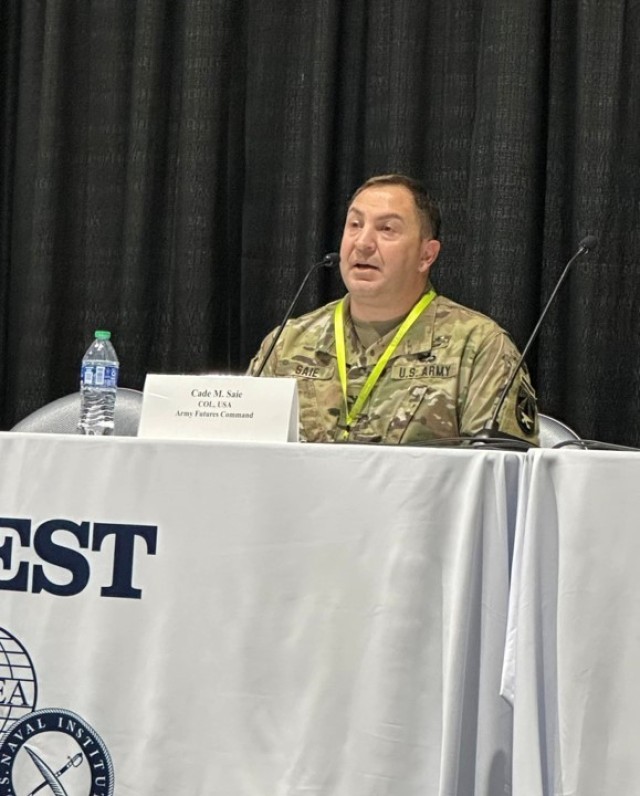 Cade Saie represents AFC as he co-leads a panel at this year’s Armed Forces Communications and Electronics Association, or AFCEA, conference in San Diego, California, this past February. (Photo Credit