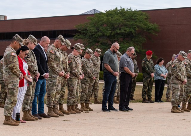 Fort Leonard Wood community members gather Monday for a Patriot Day Remembrance Ceremony on the Maneuver Support Center of Excellence Plaza. 