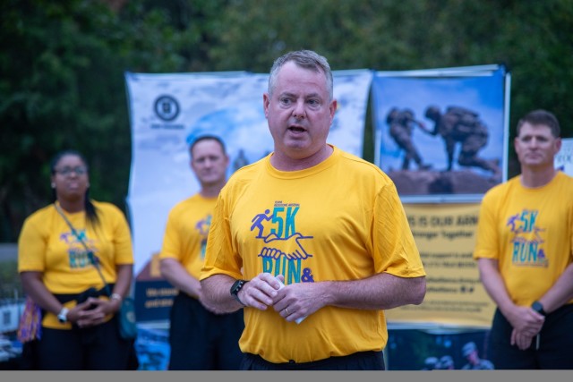 Redstone Senior Commander Lt. Gen. Chris Mohan speaks before the Suicide Prevention Awareness Month 5K held Sept. 7 near the ChildWise building on Vincent Drive at Redstone Arsenal. 
