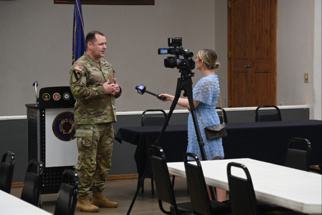 U.S. Army Yuma Proving Ground Commander Col. John Nelson (left) is interviewed by KYMA-TV Anchor Samantha Byrd at American Legion Post #19&#39;s annual POW/MIA Remembrance Ceremony on September 14, 2023. Nelson served as the event&#39;s keynote...