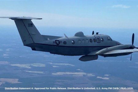 Throughout the summer, the Multi-Function Electronic Warfare — Air Large system (shown here on an MC-12W Liberty aircraft) went through developmental testing and Soldier touchpoints at various locations including Naval Air Weapons Station China Lake, Calif. and Fort Drum, N.Y.