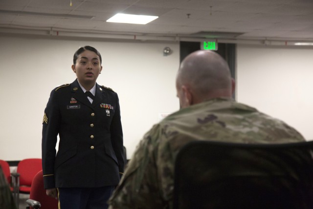 Then-Sgt. Kaileen Santos-Lopez, recites the creed of the noncommissioned officer at Fort Meade, Maryland on March 29, 2018 during the 53rd Signal Battalion’s Best Warrior Competition. 
Santos, now a staff sergeant, has qualified for the Army&#39;s Green to Gold program where she will have the opportunity to earn a college degree and an officer&#39;s commission while remaining on active duty.