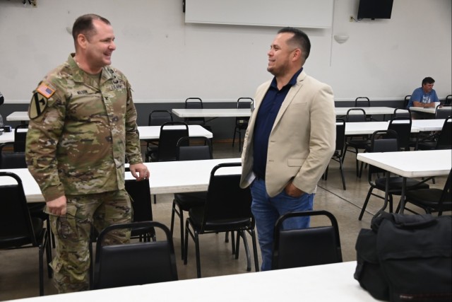 U.S. Army Yuma Proving Ground Commander Col. John Nelson (left) chats with Yuma City Councilmember Art Morales at American Legion Post #19&#39;s annual POW/MIA Remembrance Ceremony on September 14, 2023. Nelson served as the event&#39;s keynote...