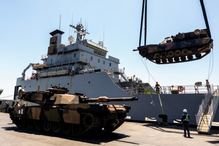 Australian Army M1A1 Abrams main battle tanks and vehicles are unloaded from the United States Army Vessel SSGT Robert T. Kuroda at Tanjung Perak Port in Indonesia during Exercise Super Garuda Shield 2023. At the invitation of Indonesian Armed Forces (TNI), Australia is contributing over 125 personnel from the Australian Defence Force (ADF) to Exercise Super Garuda Shield 2023 (SGS23). SGS23 is an TNI and United States Indo Pacific Command led bilateral training activity. It is focused on joint operations with international partners in and around East Java in Indonesia from 31 August to 13 September. Held since 2009, the ADF first participated in 2022, and in 2023 is contributing an Australian Army force element including a Troop of M1A1 Abrams tanks from the 1st Armoured Regiment. The contingent also includes an Infantry Platoon from the 10th/27th Battalion, Royal South Australian Regiment, command and control elements, and a range of armoured vehicles, trucks and recovery vehicles.
