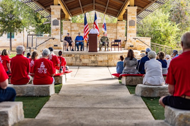 Charlie Company, 3rd Battalion, 22nd Infantry Division, Vietnam War Veterans held a reunion and remembrance event at the USO San Antonio Warrior and Family Support Center Freedom Park Amphitheater on Joint Base San Antonio - Fort Sam Houston on September 15, 2023. Over 200 Charlie Company Vietnam War veterans, their Families, friends and Gold Star Family members attended the ceremony, where they reunited and read the 95 names of unit members who were killed in action during the war. (U.S. Army photo by Spc. Joshua Taeckens)