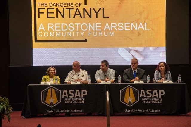 Panelists discussing the dangers of fentanyl include, from left, pharmacist Karren Crowson, Huntsville Emergency Medical Services’ Don Webster, Medical Director of Huntsville Hospital Emergency Department Dr. Daniel Neuberger, Madison County Coroner Dr. Tyler Berryhill, and Ryann Yanhko, director of the Substance Use Disorder Clinical Care program at Fox Army Health Center.