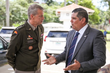 Army Gen. Daniel Hokanson, chief, National Guard Bureau, Army Maj. Gen. Levon Cumpton, adjutant general, Missouri, and his command senior enlisted leader, Command Sgt. Maj. Larry Godsey, meet with Panama’s Minister of Public Security Juan Manuel Pino Forero at the Ministry of Public Security, Panama City, Panama, Aug. 28, 2023. Panama and the Missouri National Guard have been paired in the Department of Defense National Guard State Partnership Program since 1996. 