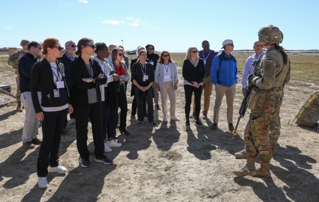 FORT CARSON, Colo. — Capt. Ellen Gensicki, delta company commander, and Staff Sgt. Emma Hopkins, signal intelligence NCO, both with the 588th Brigade Engineer Battalion, 3rd Armored Brigade Combat Team, 4th Infantry Division, brief senior...