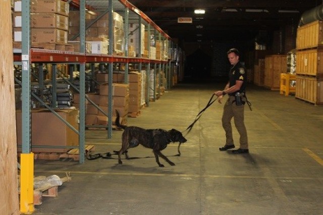 Sgt. Julian Reid and his patrol explosive dog Paris are the first K-9 team to enter warehouse building 8026 on Sept. 13 for detection testing. 
