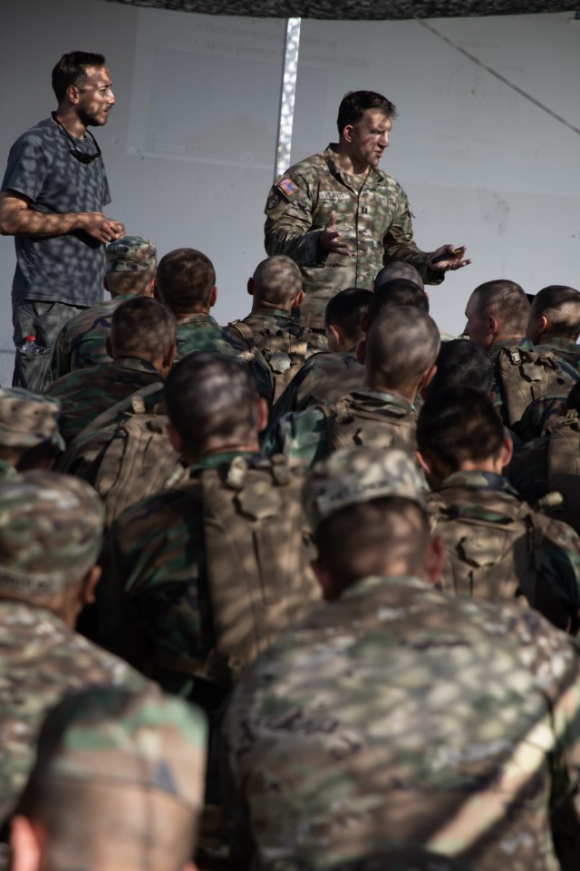 North Carolina National Guard Capt. Ken Vilagos instructs Moldovan soldiers assigned to the 2nd Motorized Infantry Brigade during Exercise Fire Shield 23 at Bulboaca Training Center, Moldova, Sept. 13, 2023. The annual exercise between North...