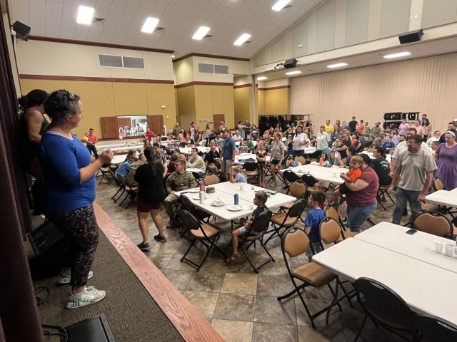 Sasha Moen, Ladies Zumba instructor, leads the crowd in a short Zumba demonstration at Community Connections Sept. 7 at the Main Post Chapel. (U.S. Army photo by Blair Dupre, Fort Cavazos Public Affairs)