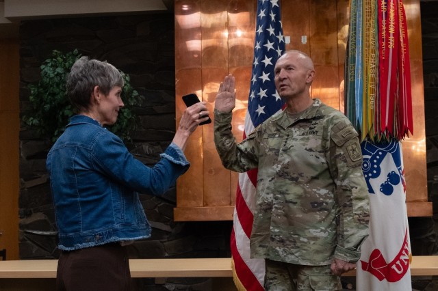 Gen. Randy George, former Vice Chief of Staff of the Army, takes the oath of office via a phone call with Christine Wormuth, Secretary of the Army, as he was sworn in as the Army’s 41st Chief of Staff, at the Gold Rush Inn dining facility, Joint Base Elmendorf-Richardson, Sep. 21, 2023.

While the ceremony was untraditional, George was happy to be surrounded by 11th Airborne Division soldiers.

“This is the reason the Army is great,” he said. “Because of people like all of you that are in the room, and I couldn’t be more honored to do it right here in JBER with the 11th Airborne Division.”