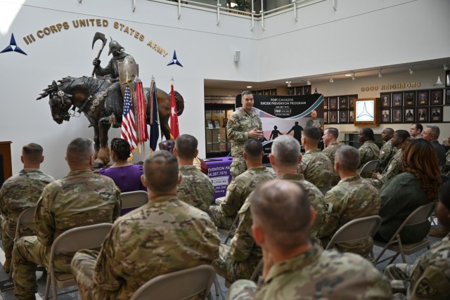 Lt. Gen. Sean C. Bernabe, III Armored Corps and Fort Cavazos commanding general, addresses the audience during the Suicide Prevention proclamation signing Friday at III Armored Corps Headquarters. (U.S. Army photo by Janecze Wright, Fort Cavazos...