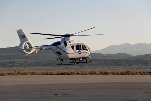 NASA&#39;s lead recovery helicopter takes off from U.S. Army Dugway Proving Ground&#39;s Michael Army Airfield prior to the landing of a sample of the asteroid Bennu at the Utah Test and Training Range on September 24, 2023. The sample was...