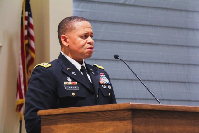 Chaplain (Col.) Kyle Taylor delivers the spiritual reflection during the Gold Star Mother’s and Family Day Luminary Service Sept. 24 at Wings Chapel.
