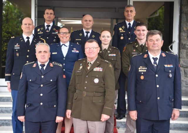 U.S. Army Maj. Gen. Greg Knight, adjutant general, Vermont National Guard, and North Macedonia Lt. Gen. Vasko Gjurchinovski, chief of the general staff, Army of the Republic of North Macedonia, pose with Vermont and North Macedonia delegates...