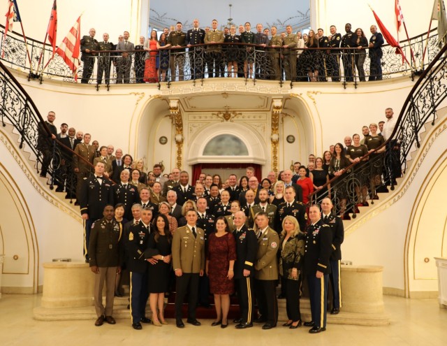 Participants of the 30th Annual Multinational Military Medical Engagement pose for a group photo at Stefania Palace in Budapest, Hungary on Sept. 27, 2023.