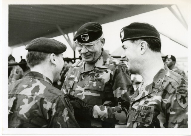 Maj. Gen. Leroy N. Suddath, Jr. (left) and Col. John N. Dailey (right) are pictured here at the October 1986 activation ceremony for the 160th Special Operations Aviation Group at Fort Campbell Kentucky (Image Credit: U.S. Army).