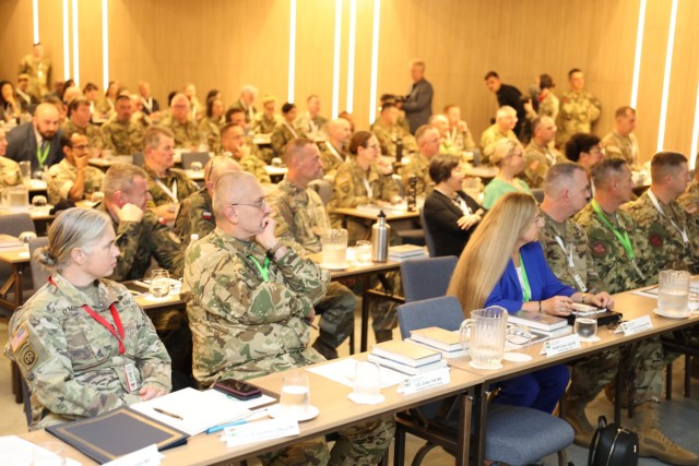 Military and civilian medical experts listen to a panel member discussion on combat casualty care during the 30th Annual MMME conference held in Budapest, Hungary on Sept 26 - 28.
