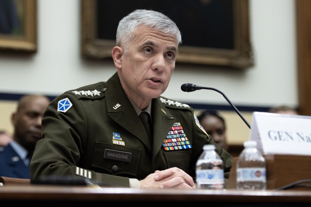 Army Gen. Paul M. Nakasone, commander of U.S. Cyber Command, director of the National Security Agency, and chief of the Central Security Service, testifies before the House Armed Services Committee in Washington, March 30, 2023.